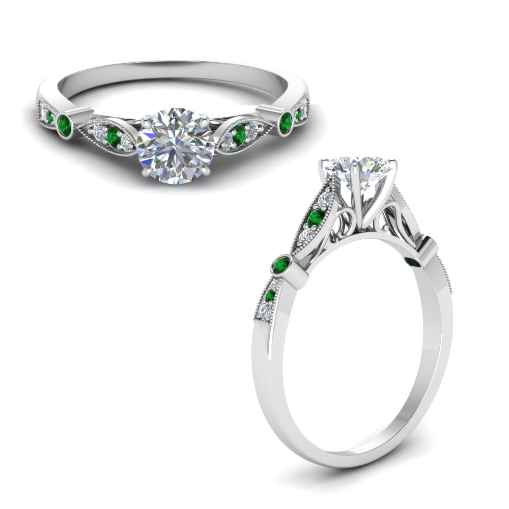 delicate art deco round lab diamond engagement ring with emerald in FD8593RORGEMGRANGLE1 NL WG