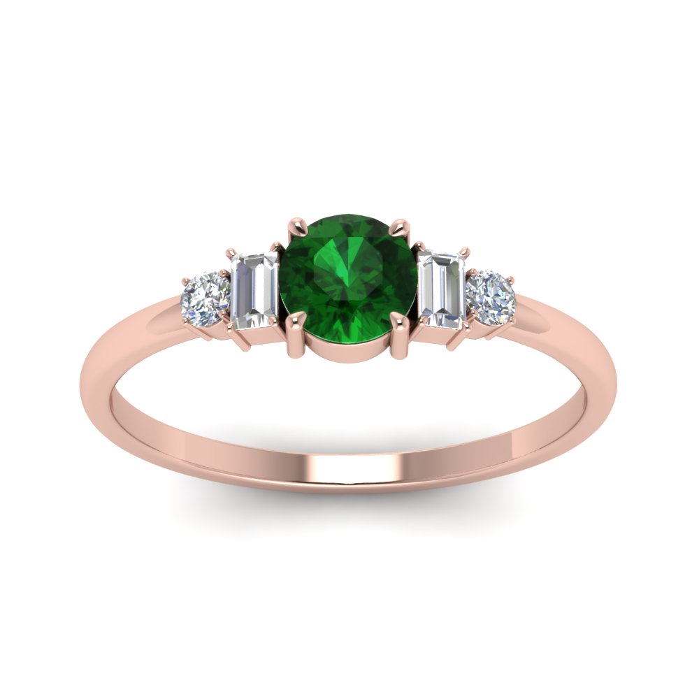 Delicate Baguette Diamond Wedding Ring With Emerald In 14K Rose Gold ...
