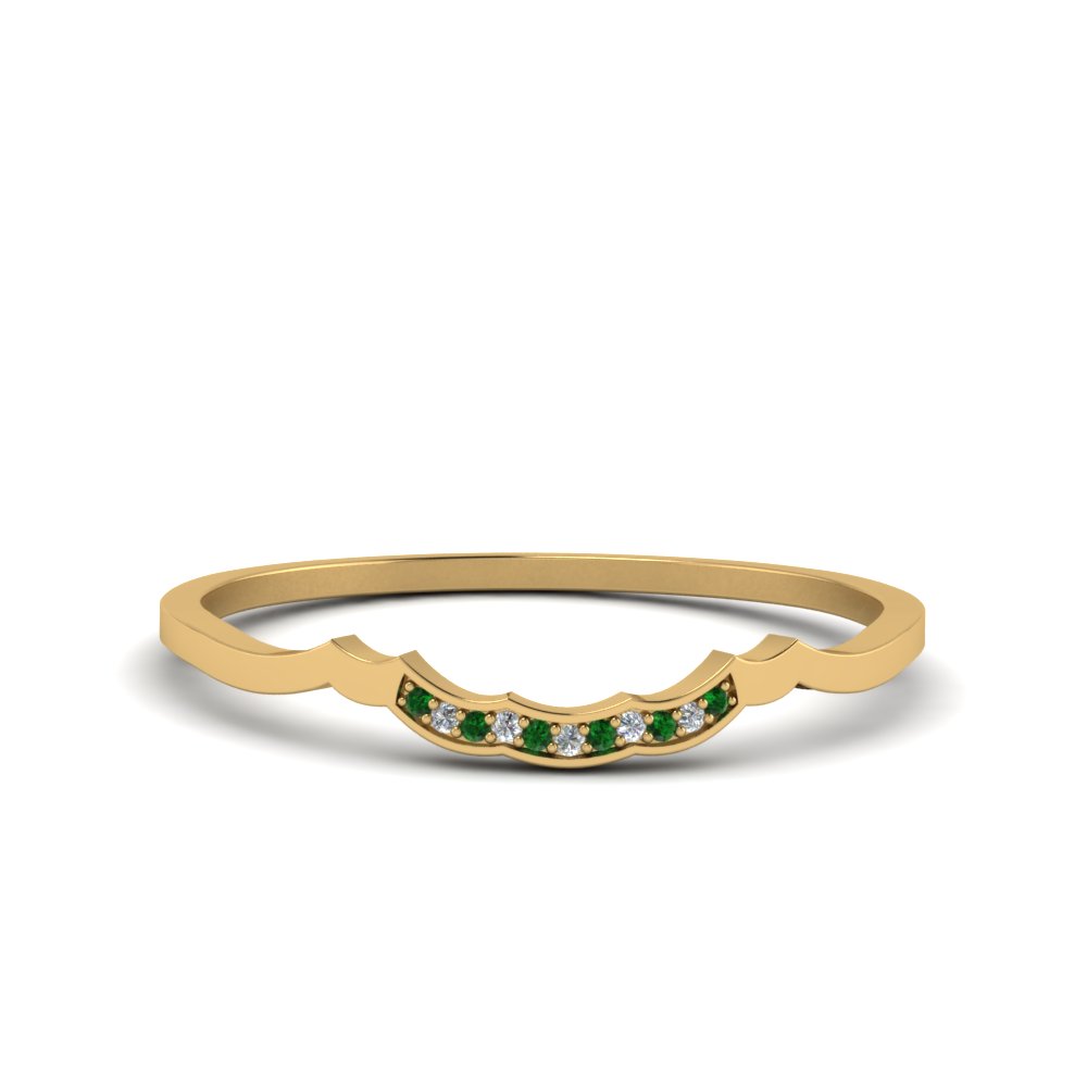 delicate curved pave diamond wedding band with emerald in FDO50786BGEMGR NL YG