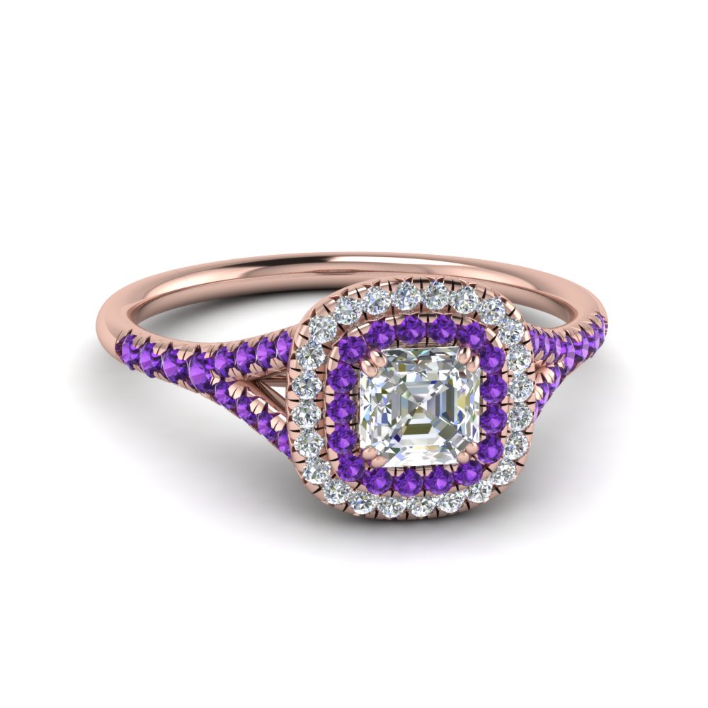 Asscher Shaped Delicate Double Halo Engagement Ring with Purple Amethyst in 14K Rose Gold