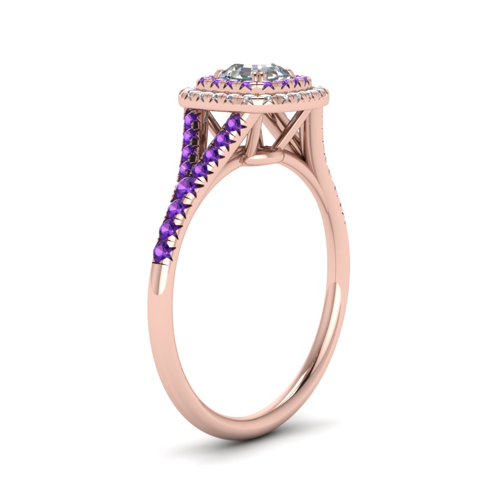 Asscher Shaped Delicate Double Halo Engagement Ring with Purple Amethyst in 14K Rose Gold