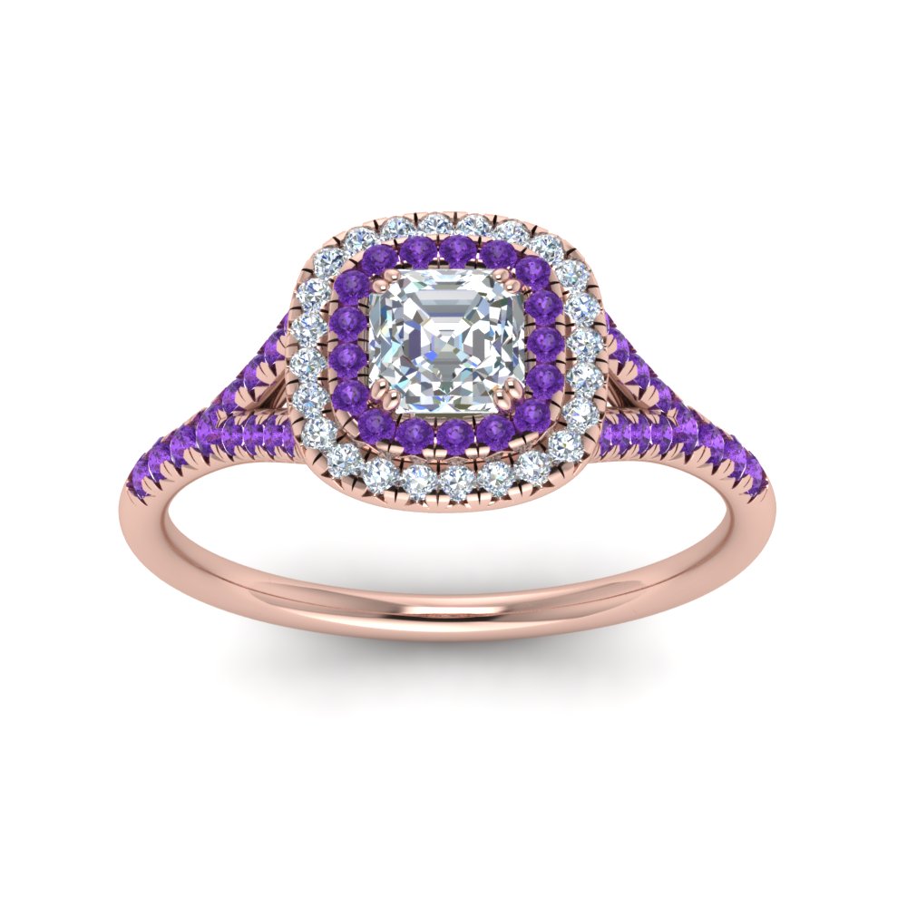 Asscher Shaped Delicate Double Halo Engagement Ring with Purple Amethyst in 14K Rose Gold