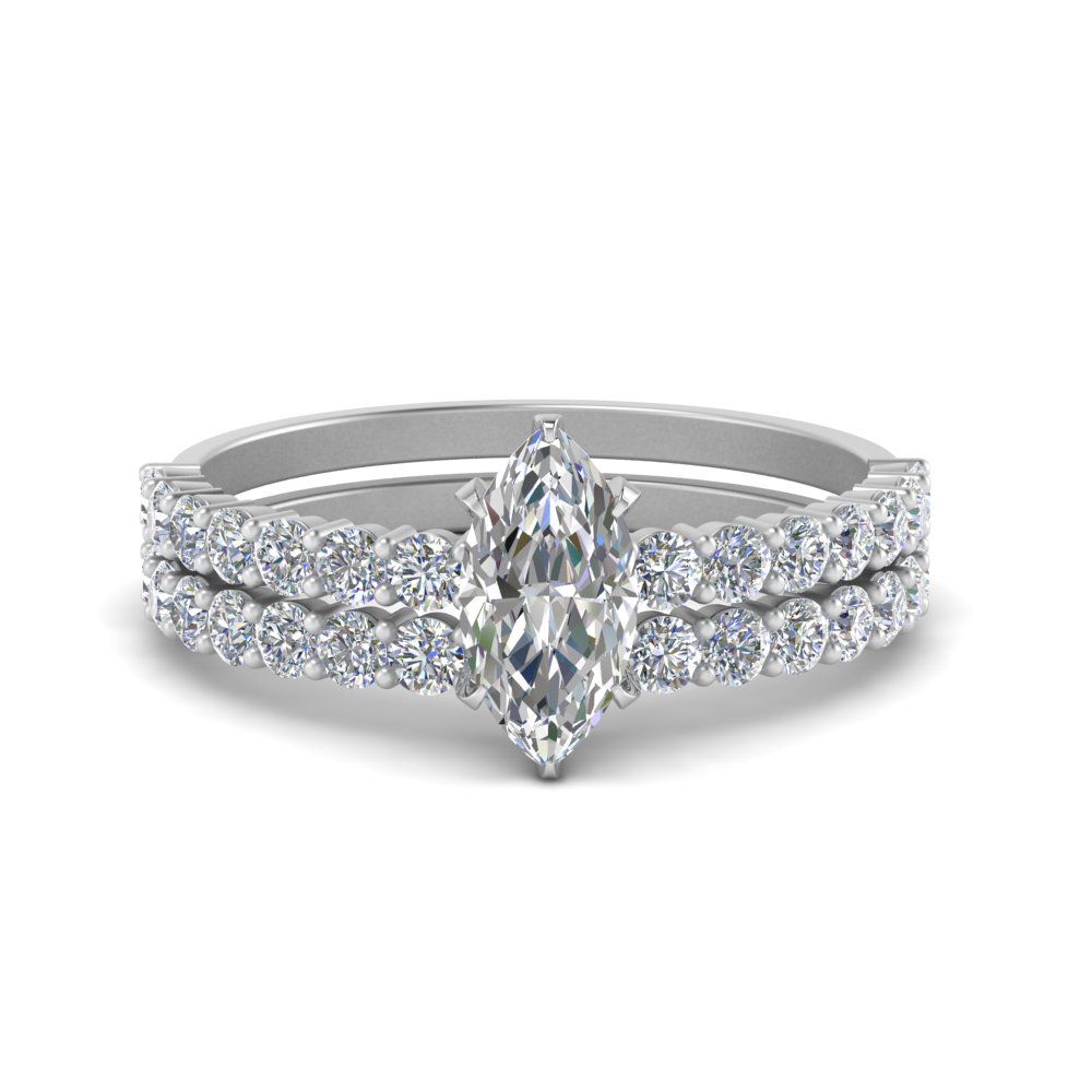 Delicate Marquise Cut Engagement And Wedding Ring Set In White Gold FDENS1462MQ NL WG 
