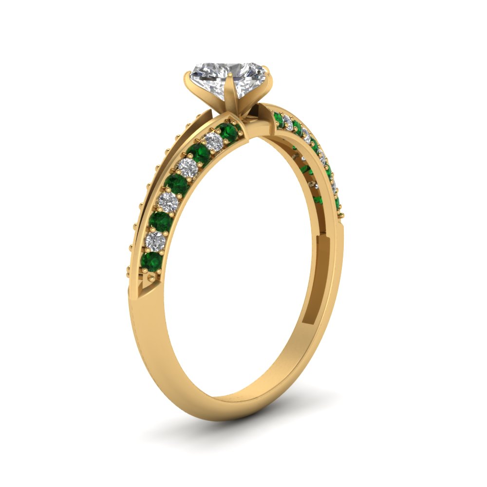 Delicate Split Heart Diamond Engagement Ring With Emerald In 18K Yellow ...