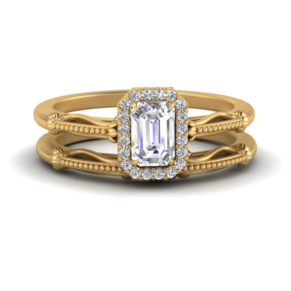 Delicate Vintage Wedding Ring Set With Emerald Cut Halo In
