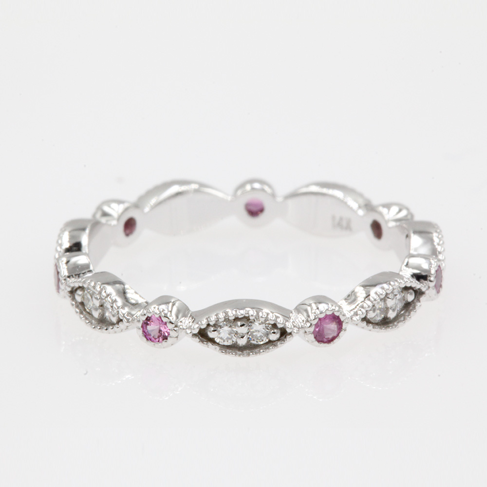 Diamond Art Deco Eternity Wedding Band with 14K White Gold Pink Sapphire