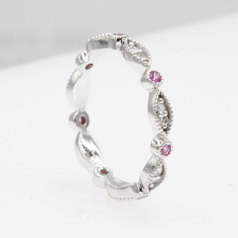 Diamond Art Deco Eternity Wedding Band with 14K White Gold Pink Sapphire