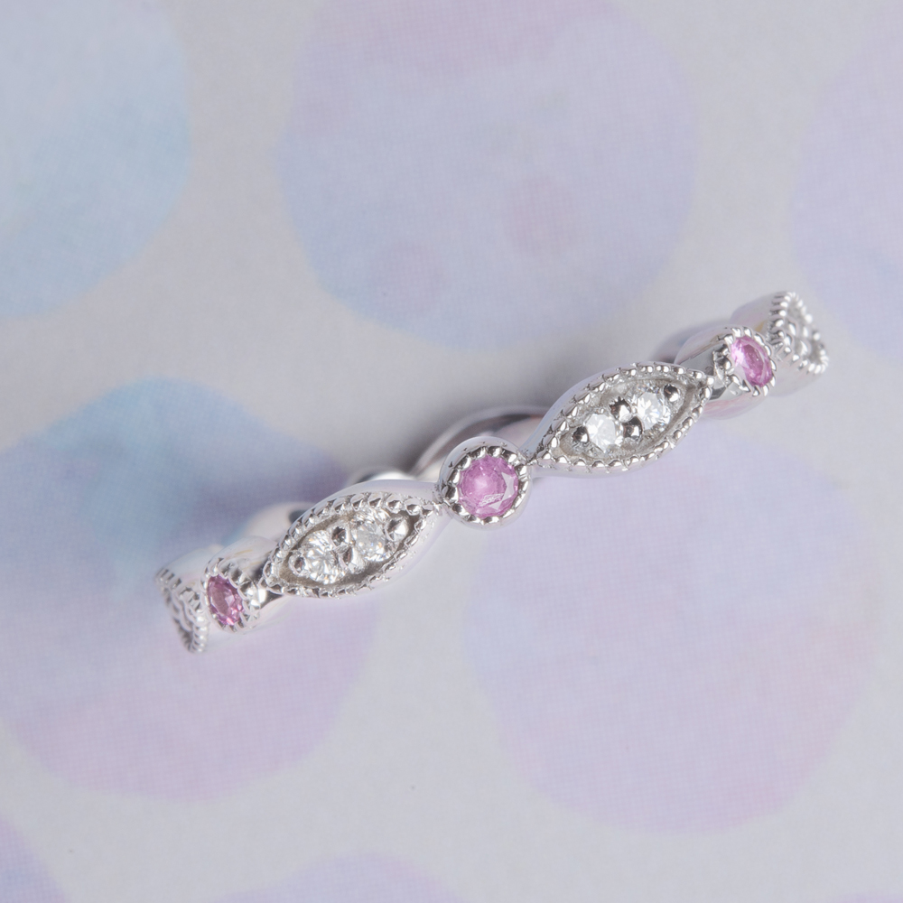 diamond art deco eternity wedding band with pink sapphire in FD8641BANGLE3