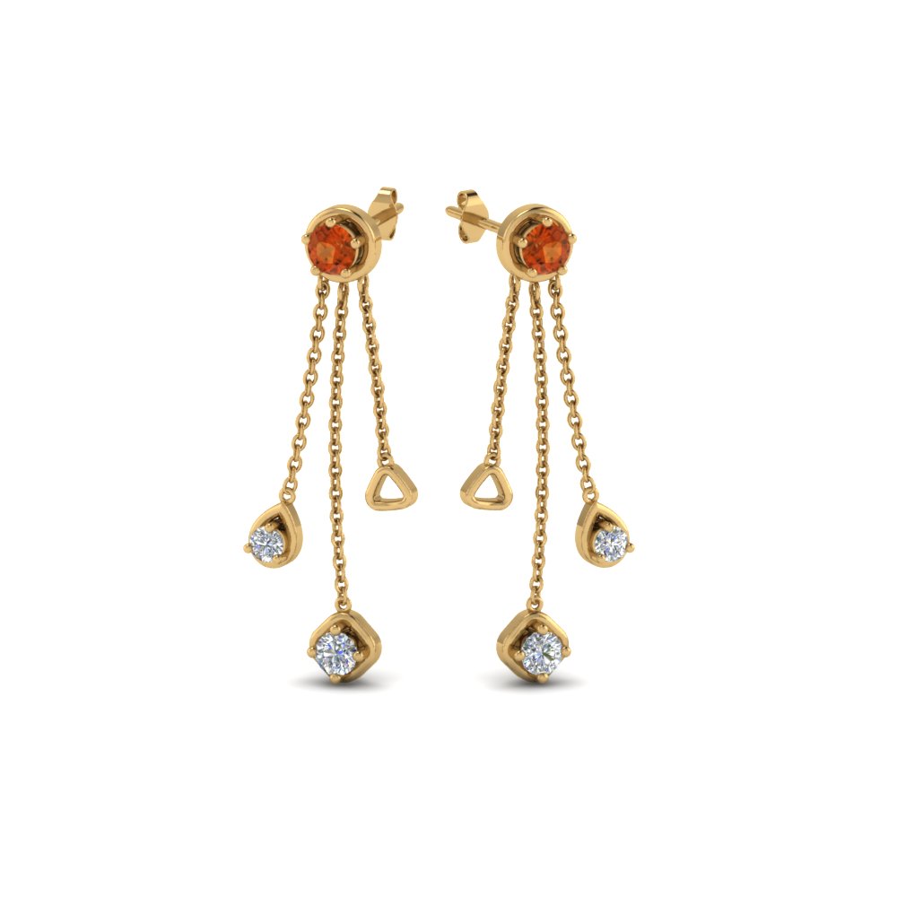 Diamond Drop Chain Earring With Orange Shire In 14k Yellow Gold Womens Shire Drop Earrings