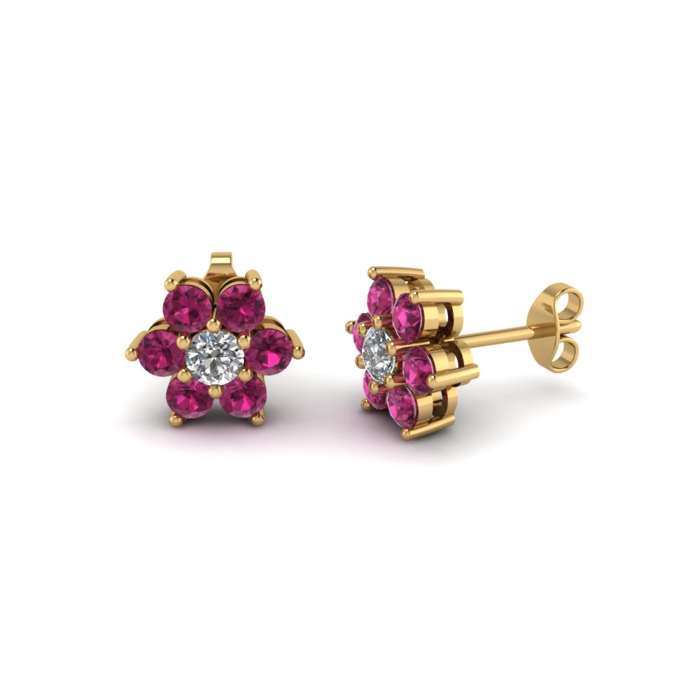 diamond flower stud women gold earring with pink sapphire in 14K yellow gold FDEAR1081GSADRPI NL YG