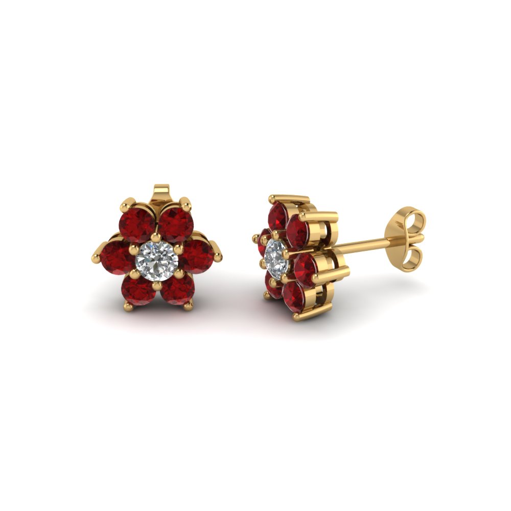 Diamond Flower Stud Women Earring With Ruby In 18k Yellow Gold