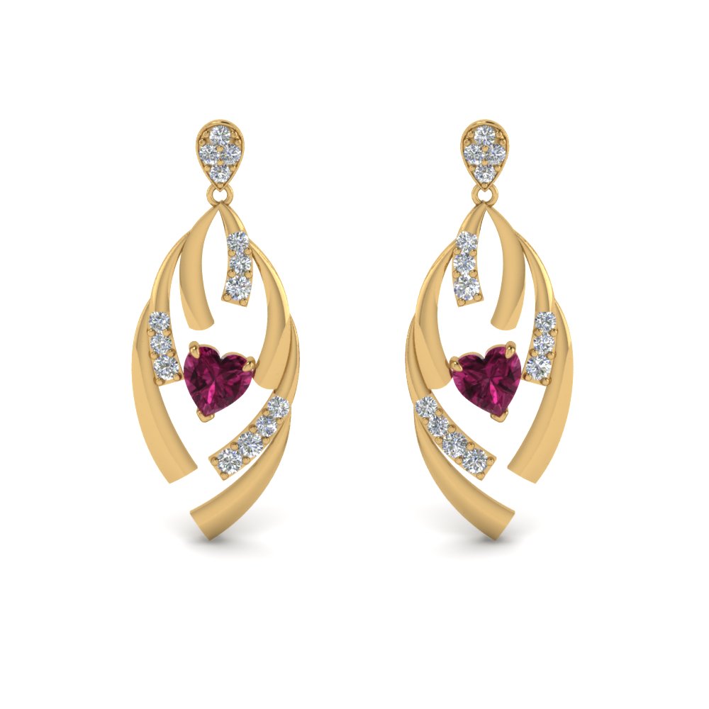 Diamond Stud Drop Pink Sapphire Heart Earring In 18K Yellow Gold ...