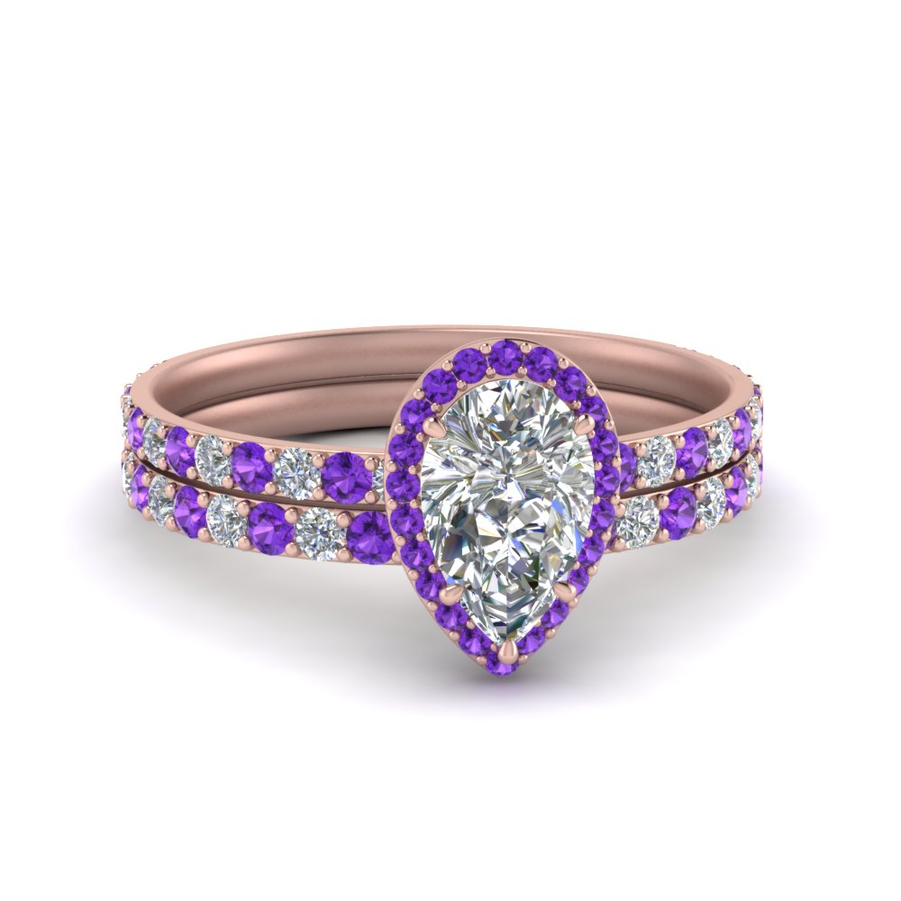 Pear Shaped Diamond Studded Prong Pear Halo Wedding Set with Purple Amethyst in 14K Rose Gold