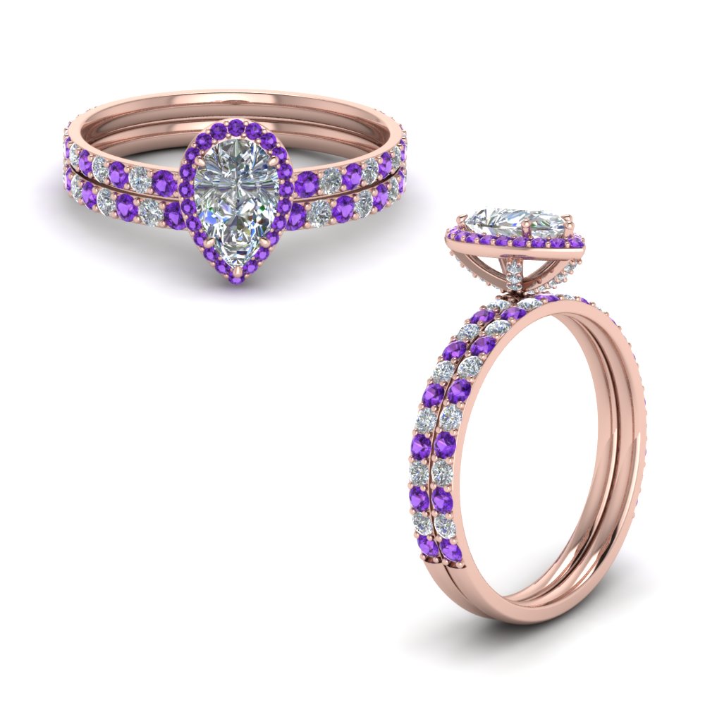 Pear Shaped Diamond Studded Prong Pear Halo Wedding Set with Purple Amethyst in 14K Rose Gold