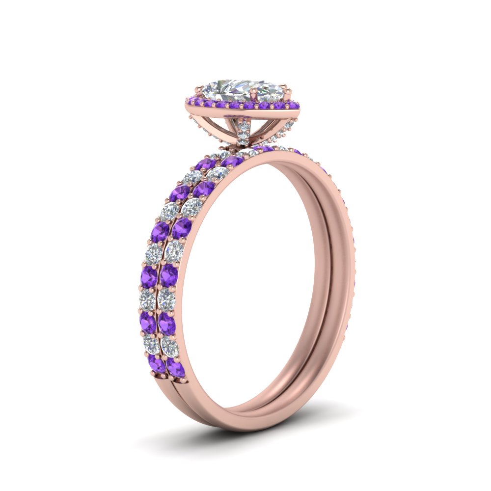 Pear Shaped Diamond Studded Prong Pear Halo Wedding Set with Purple Amethyst in 14K Rose Gold