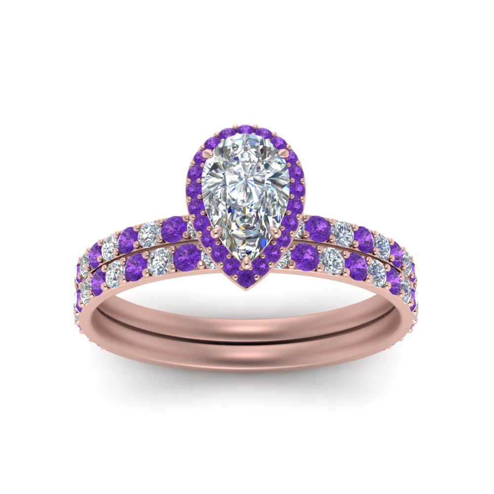 Pear Shaped Diamond Studded Prong Pear Halo Wedding Set with Purple Amethyst in 14K Rose Gold