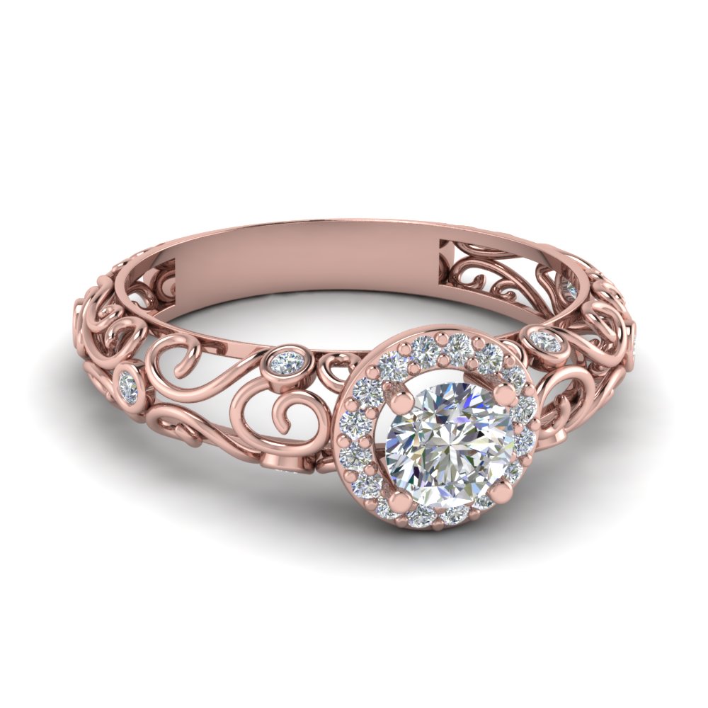 dome filigree halo vintage round diamond engagement ring in 14K rose gold FD1199ROR NL RG