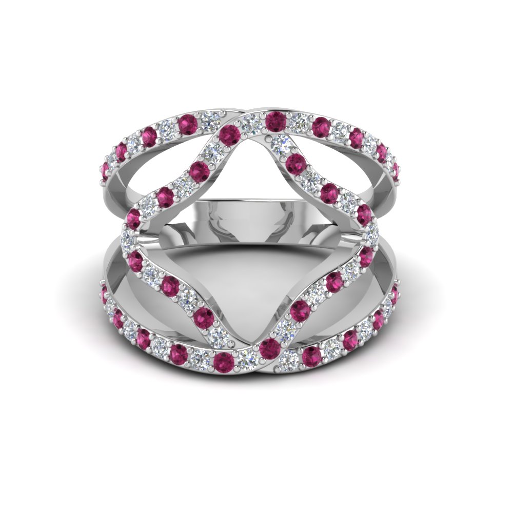 double band open abstract diamond ring womens wedding rings with pink sapphire in 14k white gold - Double Band Wedding Ring double band open abstract diamond ring womens wedding rings with pink sapphire in 14k white gold - Double Band Wedding Ring
