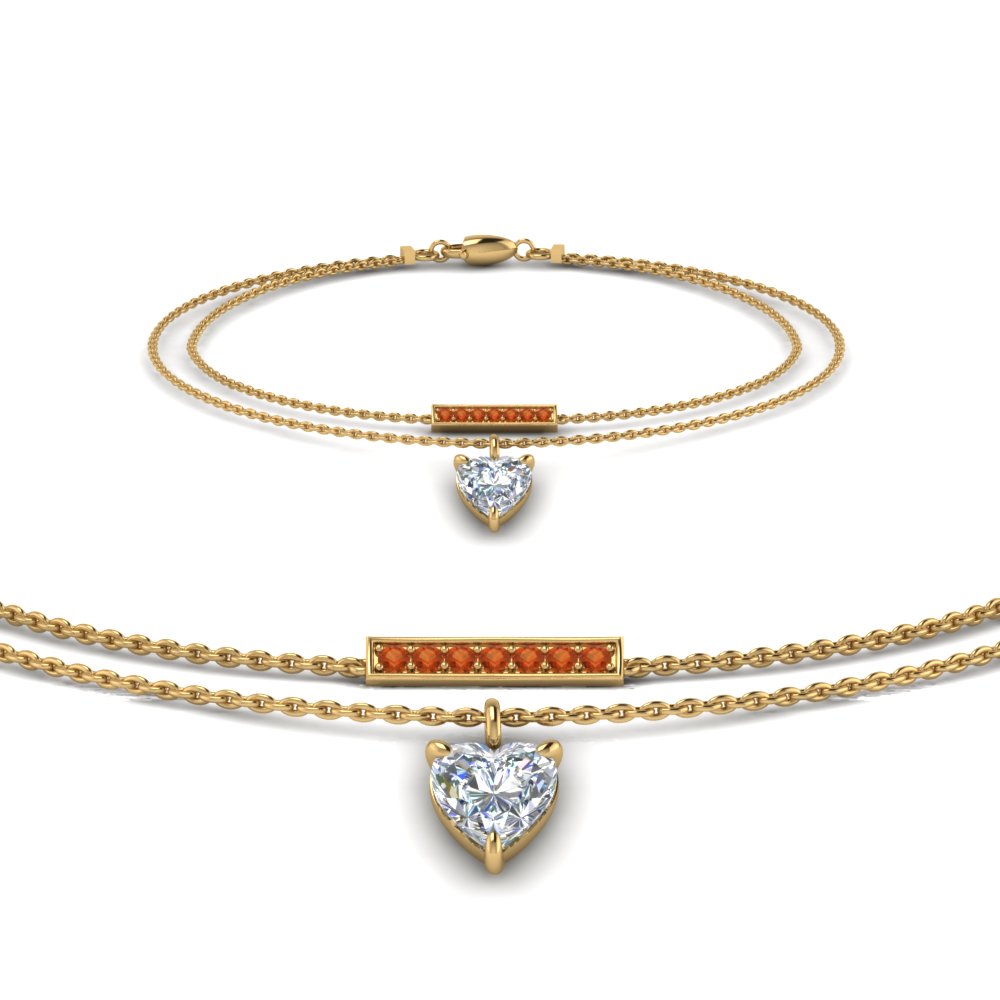double chain heart drop diamond bracelet with orange sapphire in FDBRC8447GSAOR NL YG