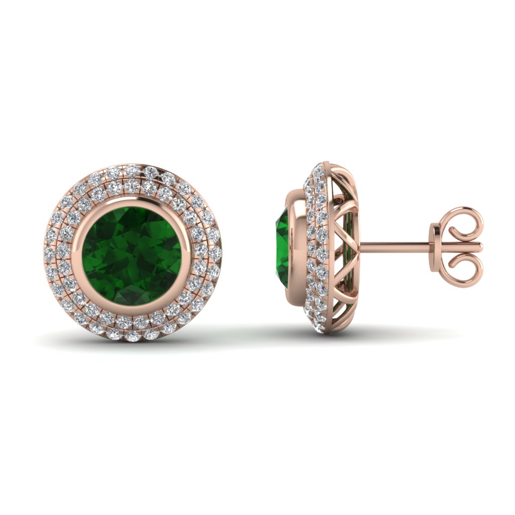 Double Halo Diamond Stud Earring With Emerald In 18k Rose Gold Double Halo Diamond Stud Earring With Emerald In 18k Rose Gold Fdear69313gemgr Nl Rg