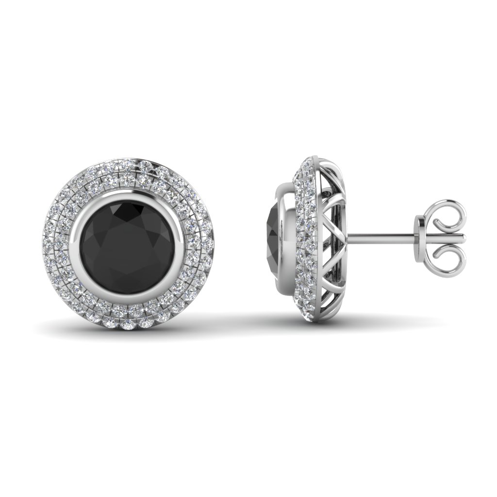 Double Halo Stud Earring With Black Diamond In 14K White Gold