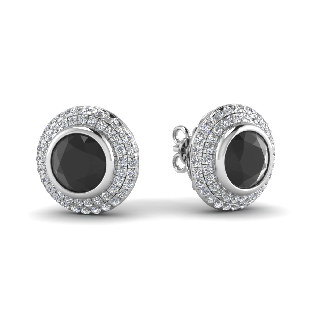 Double Halo Stud Earring With Black Diamond In 14K White Gold ...