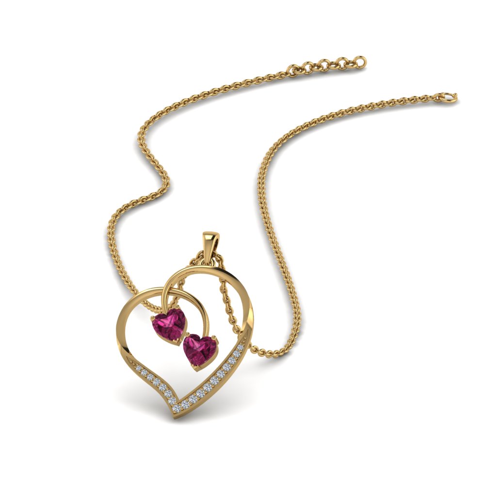 dual pink sapphire heart diamond pendant in FDPD8875GSADRPI NL YG
