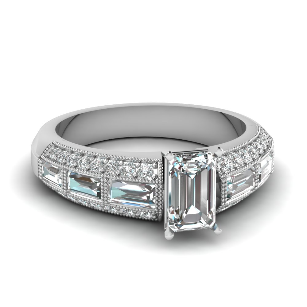 Emerald Cut Aquamarine and Open Two Row Diamond Ring