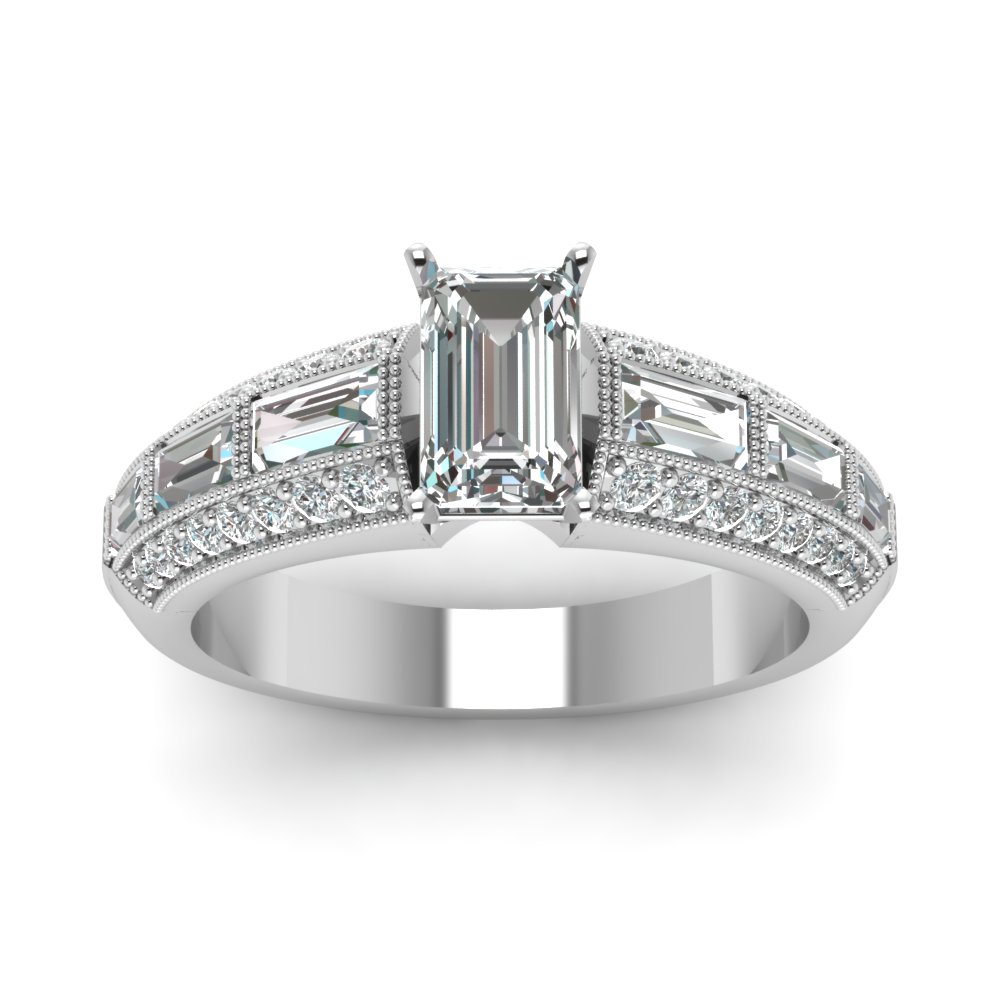 Semi Mount Shaped 3 Row Baguette And Round Accents Diamond Ring with White Diamond 14K White Gold