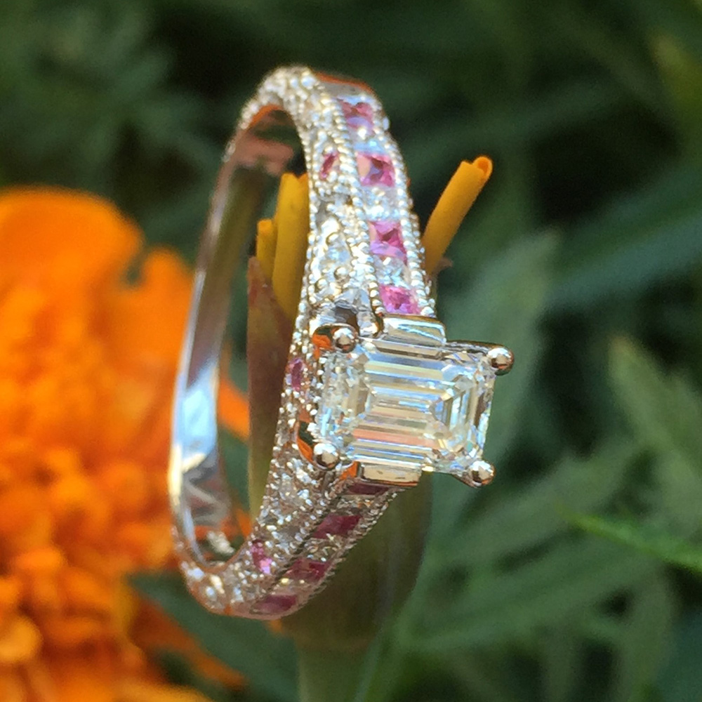 emerald cut antique channel set diamond shank engagement ring with pink sapphire in FDENR6839EMRGSADRPIANGLE1 NL WG