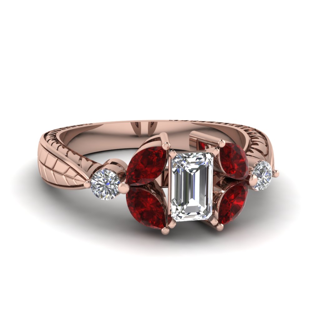 Emerald Cut Prong Red Ruby Vintage Engagement Rings | Fascinating Diamonds