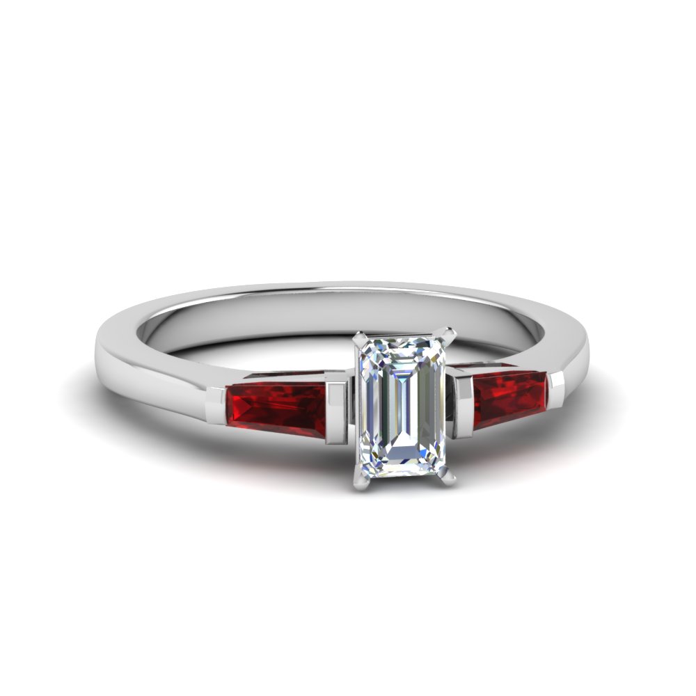 Emerald Cut 3 Stone Engagement Ring With Baguette Ruby In 950 Platinum