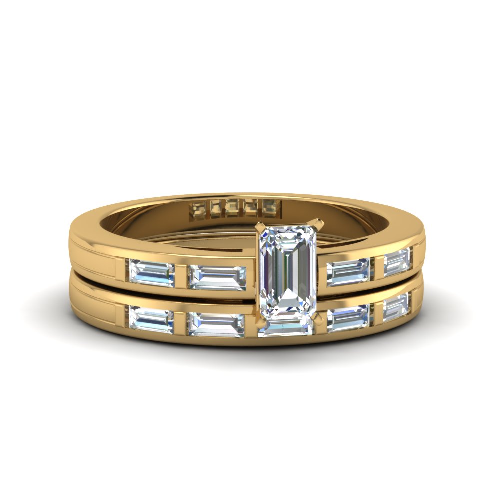 Emerald Cut Bar Baguette Diamond Simple Wedding Ring Set