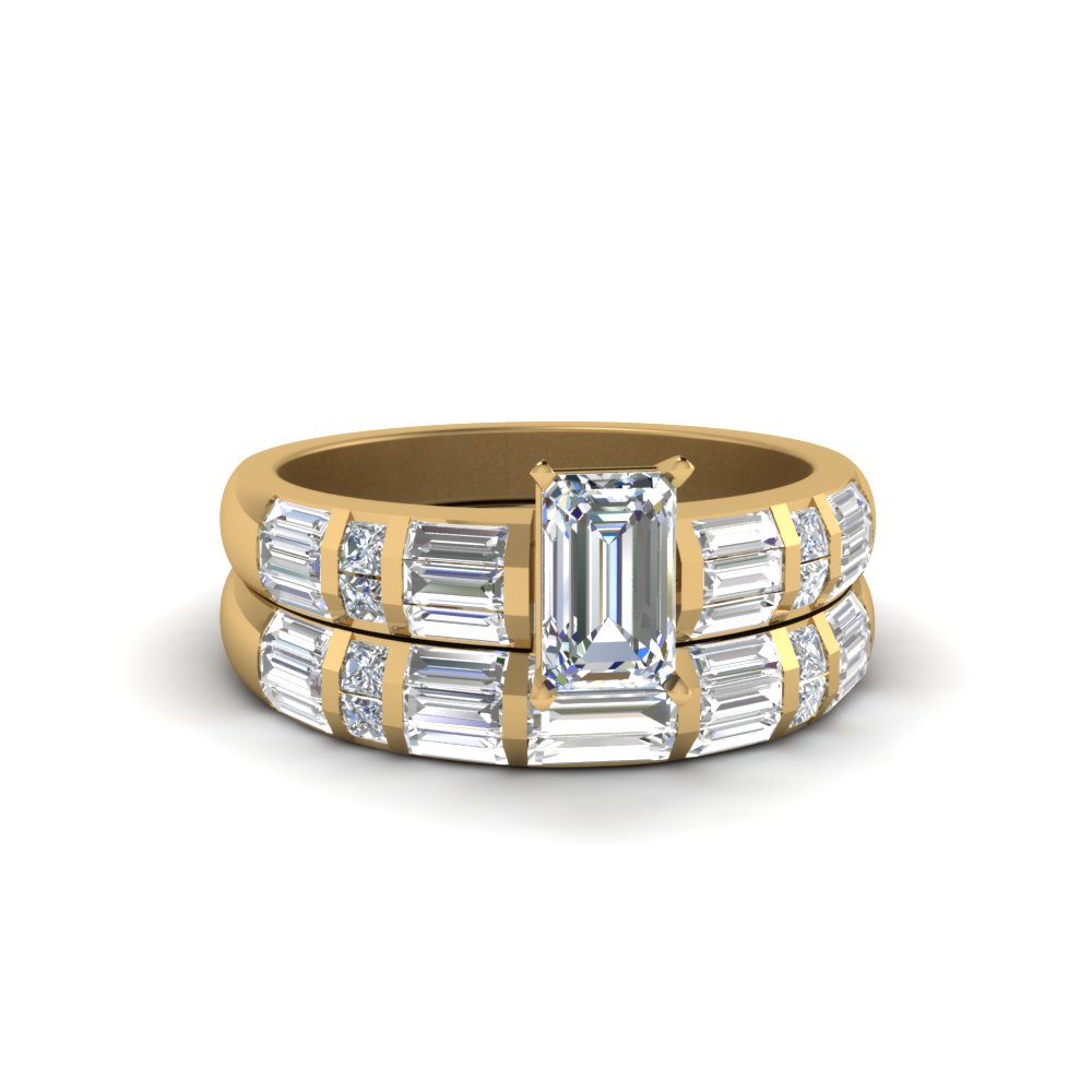 Emerald Cut Baguette And Princess Diamond Accent Wedding Set In 14k Diamond Ring With Baguette Wedding Band