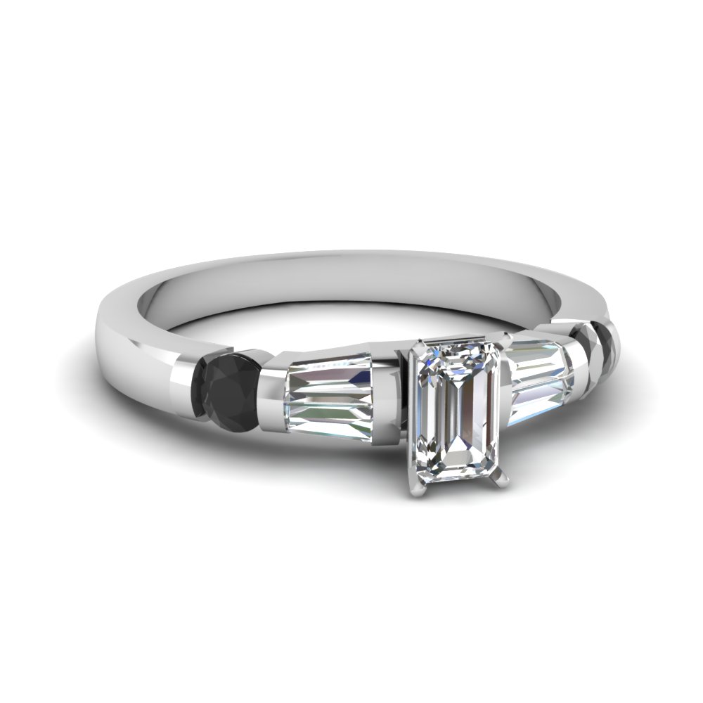 Emerald Cut Bar Set Baguette Engagement Ring With Black diamond In 14K ...