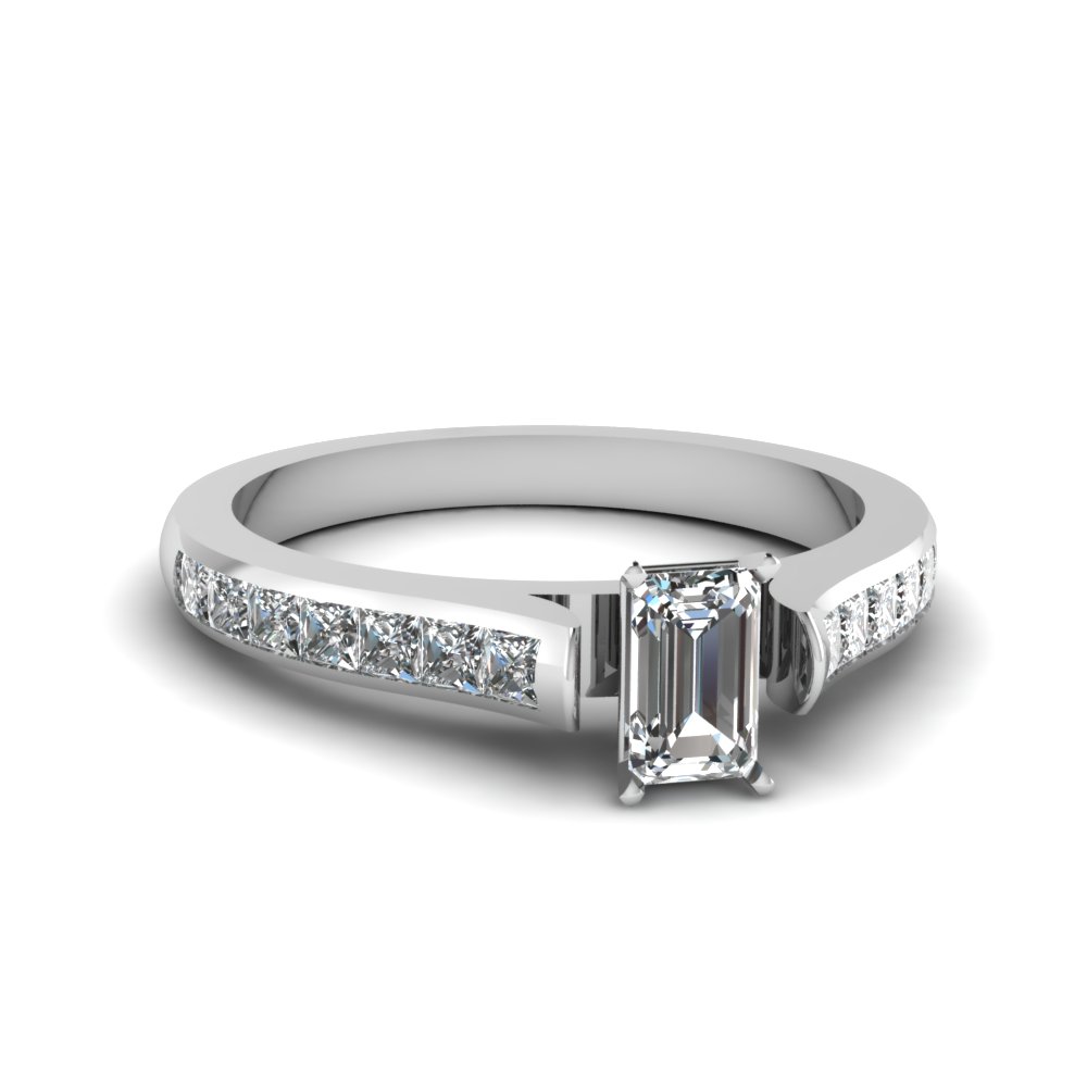 Emerald Cut Cathedral Channel Set Diamond Engagement Ring In 14K White ...