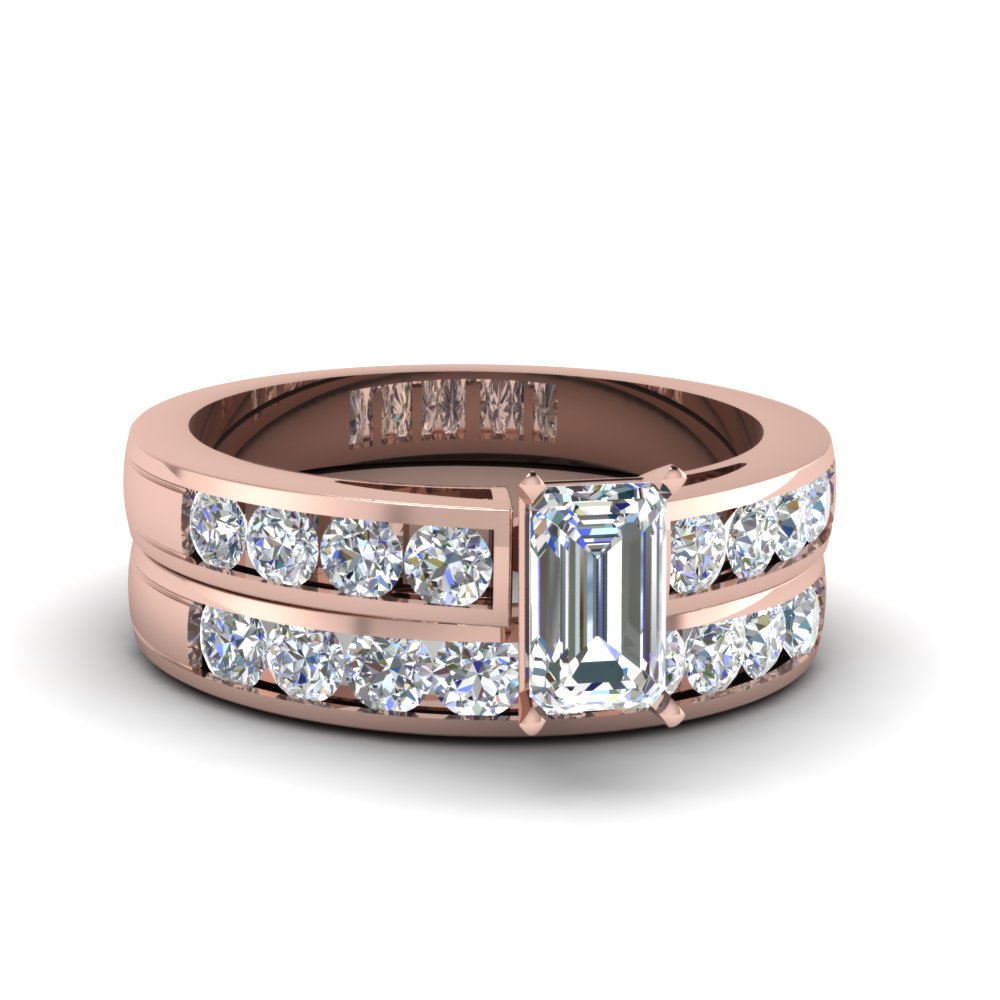 Emerald Cut Channel Set Diamond Wedding Ring Sets For