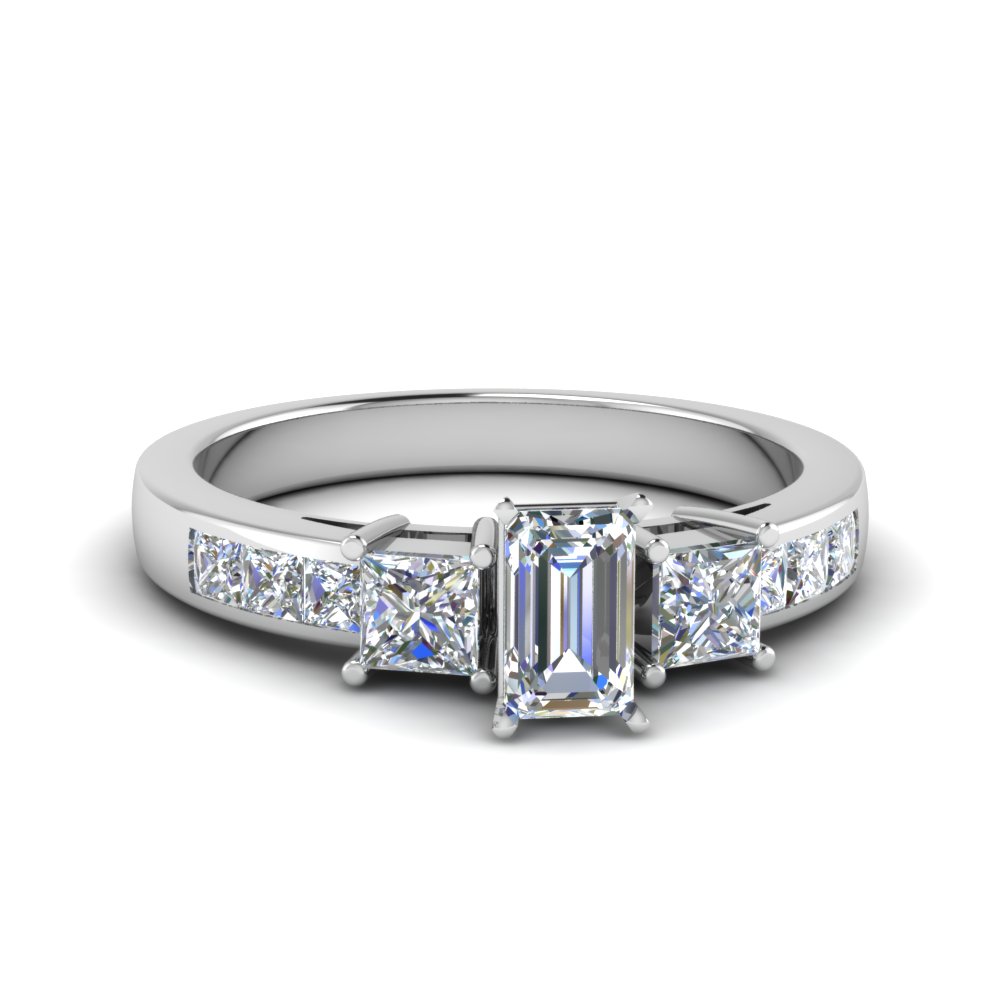 emerald cut channel three stone diamond engagement ring in 14K white gold FDENS205EMR NL WG