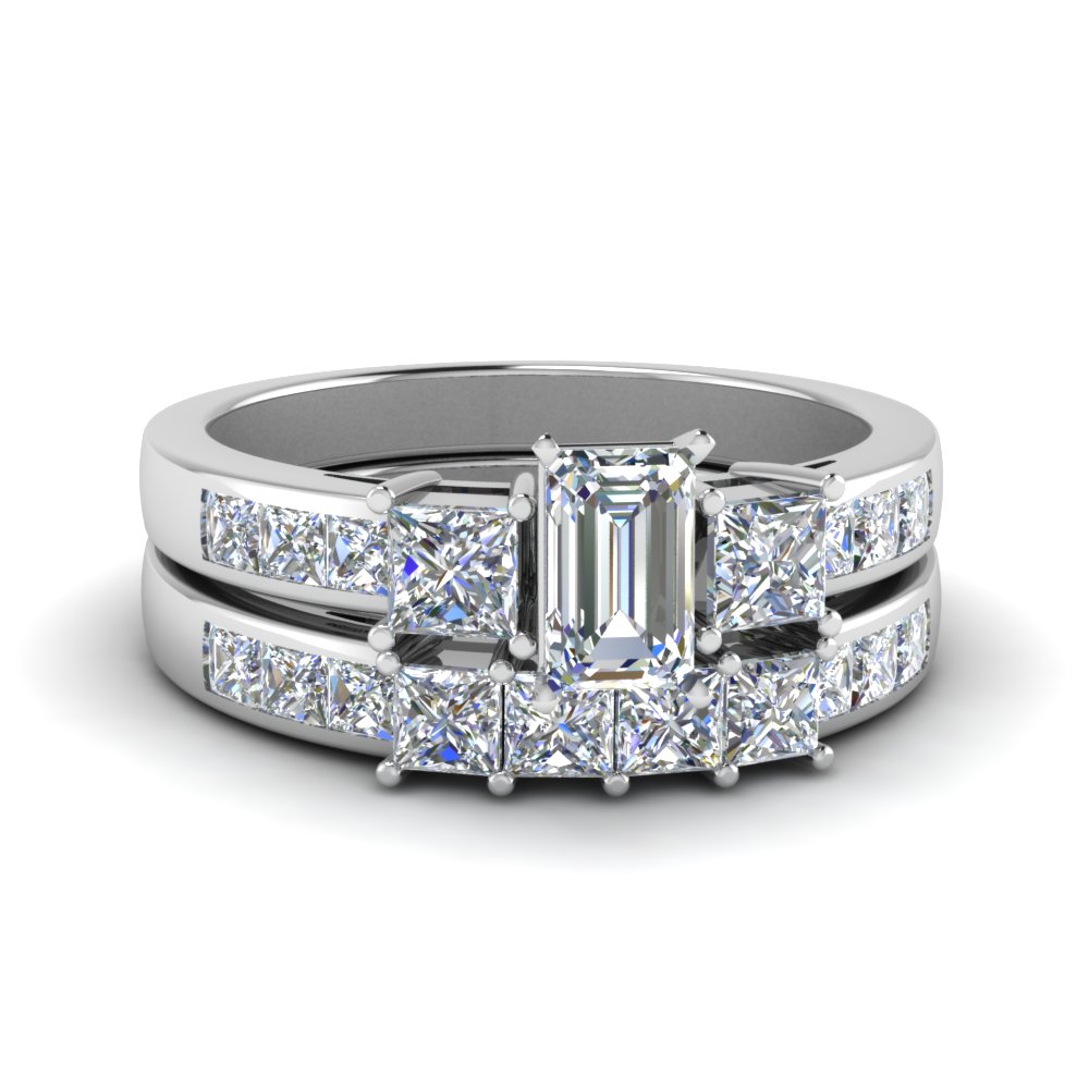 Emerald Cut Channel Three Stone Diamond Wedding Set In 950 Platinum ...