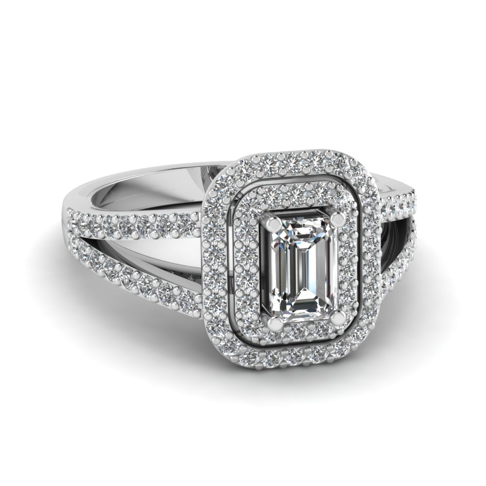 Emerald Cut Halo White Gold Engagement Rings