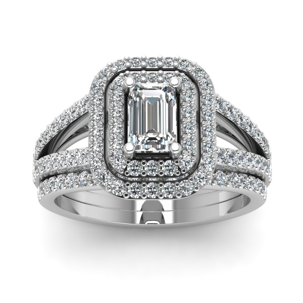 Petite Emerald Cut Double Halo Diamond Wedding Ring Set