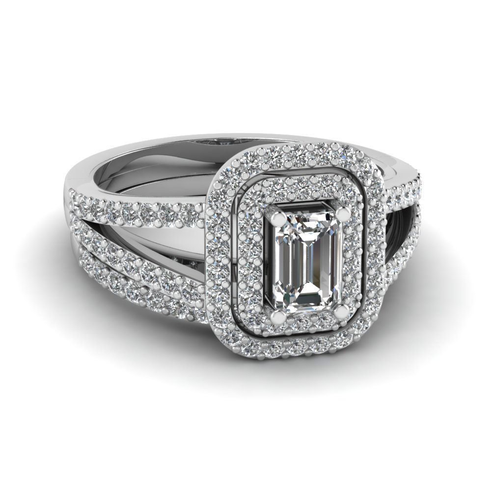 Pee Emerald Cut Double Halo Diamond Wedding Ring Set In 18k White Pee Emerald Cut Double Halo Diamond Wedding Ring Set In Fd68898em Nl Wg