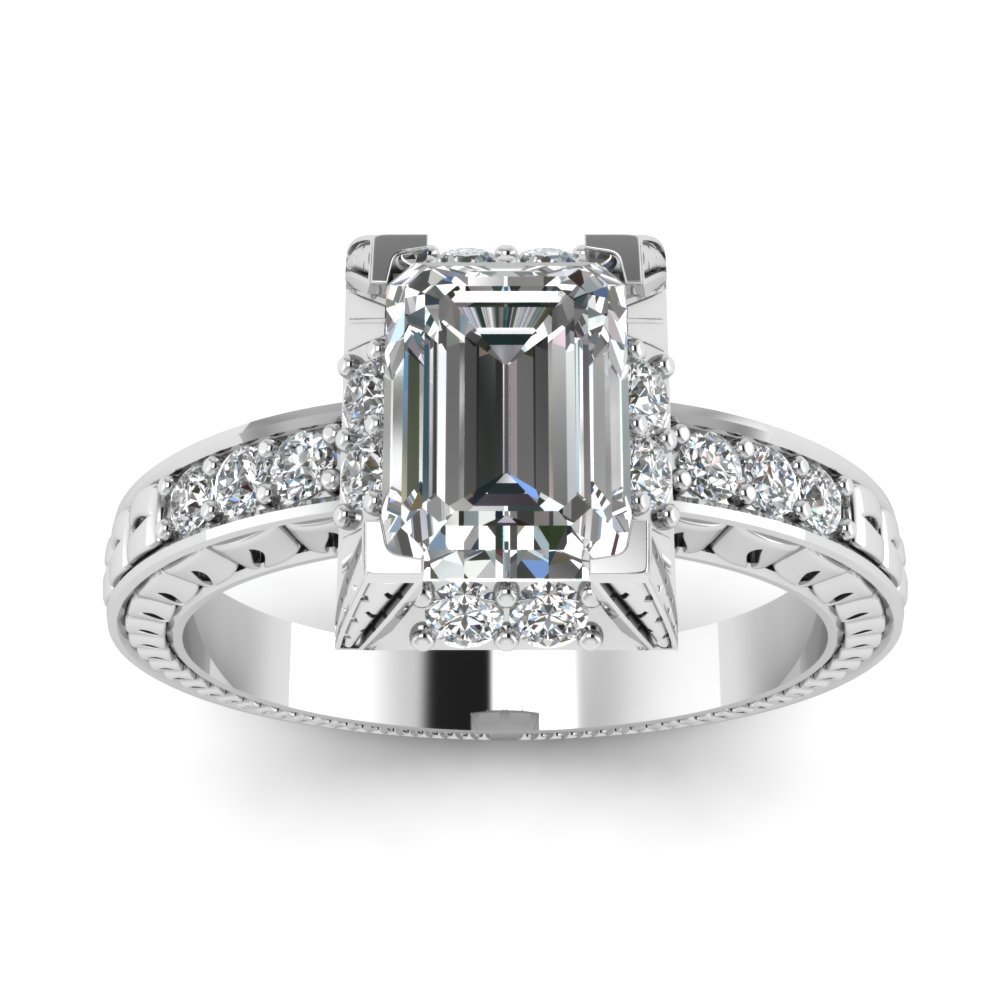 Emerald Cut Diamond Elegant Emerald Vintage Ring In 14K White Gold ...
