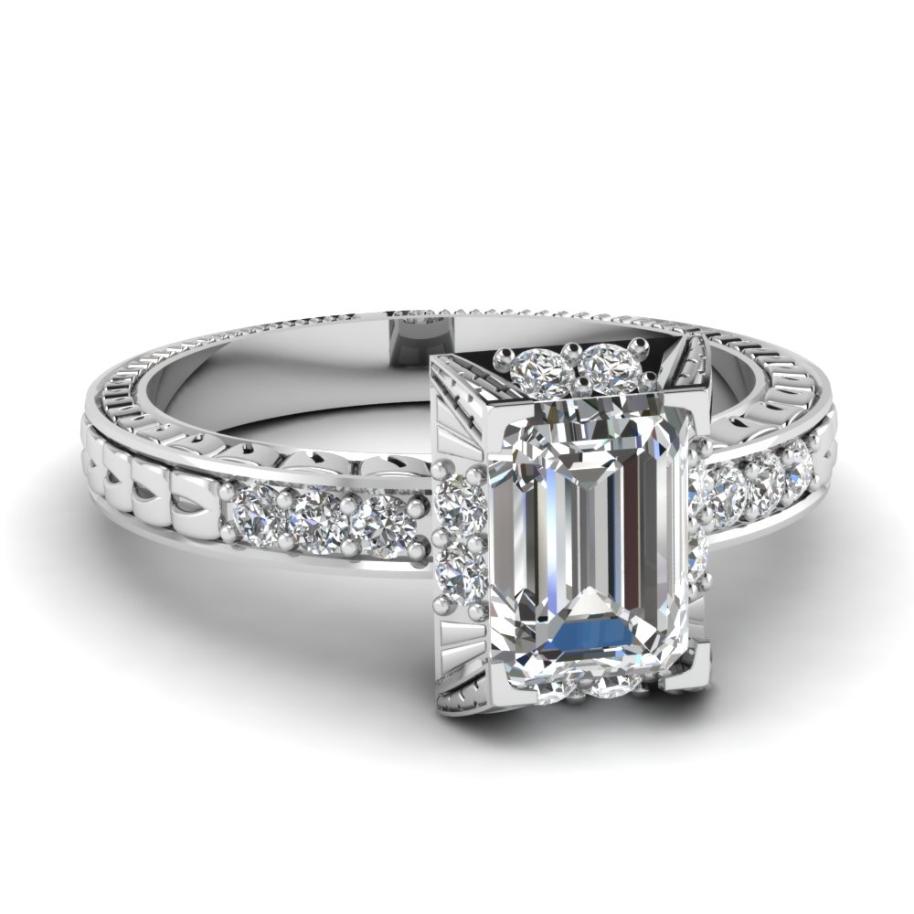 Emerald Cut Diamond Elegant Vintage Ring In 18k White Gold Emerald Vintage Ring In 18k White Gold