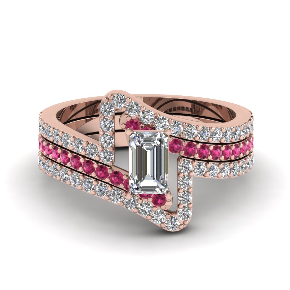 Crossover Heart Diamond Trio Wedding Ring Set With Pink