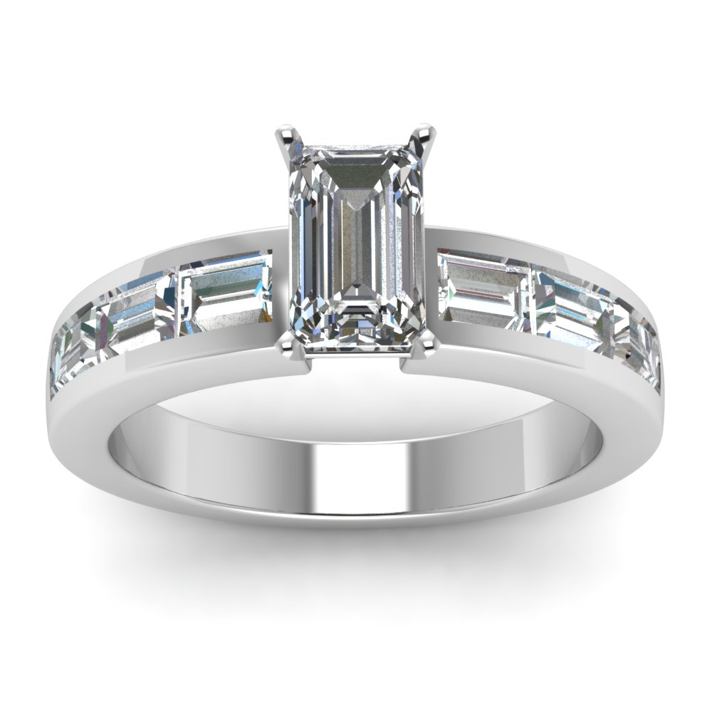 Channel Set Emerald Cut Diamond Engagement Ring With Baguette In 14K ...