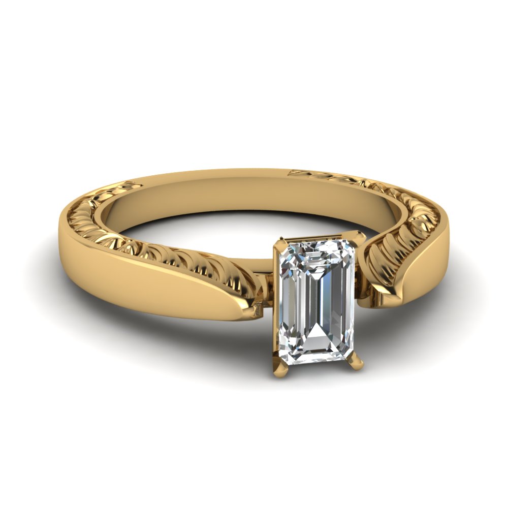 Emerald Cut Engraved Solitaire Ring