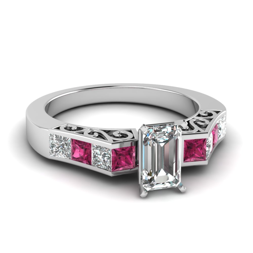 Filigree Pink Sapphire Emerald Cut Ring