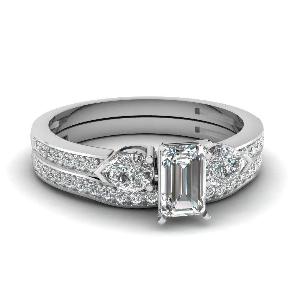 Pave 3 Stone Emerald Cut Diamond Bridal Set In 14K White Gold ...