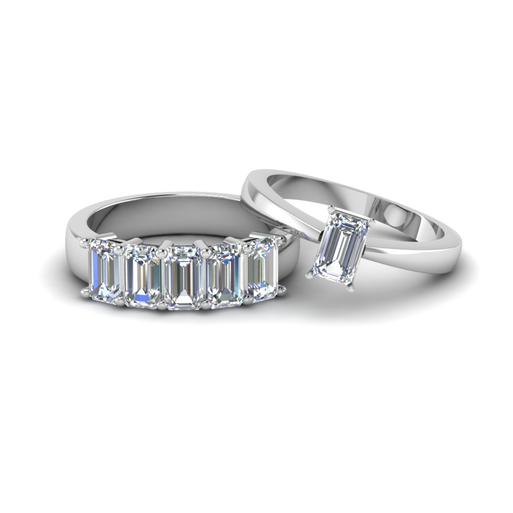 Emerald Cut Diamond Matching Wedding Ring Set In 14k White Gold Emerald Cut Diamond Matching Wedding Ring Set In 14k White Gold Fd8211b Nl Wg